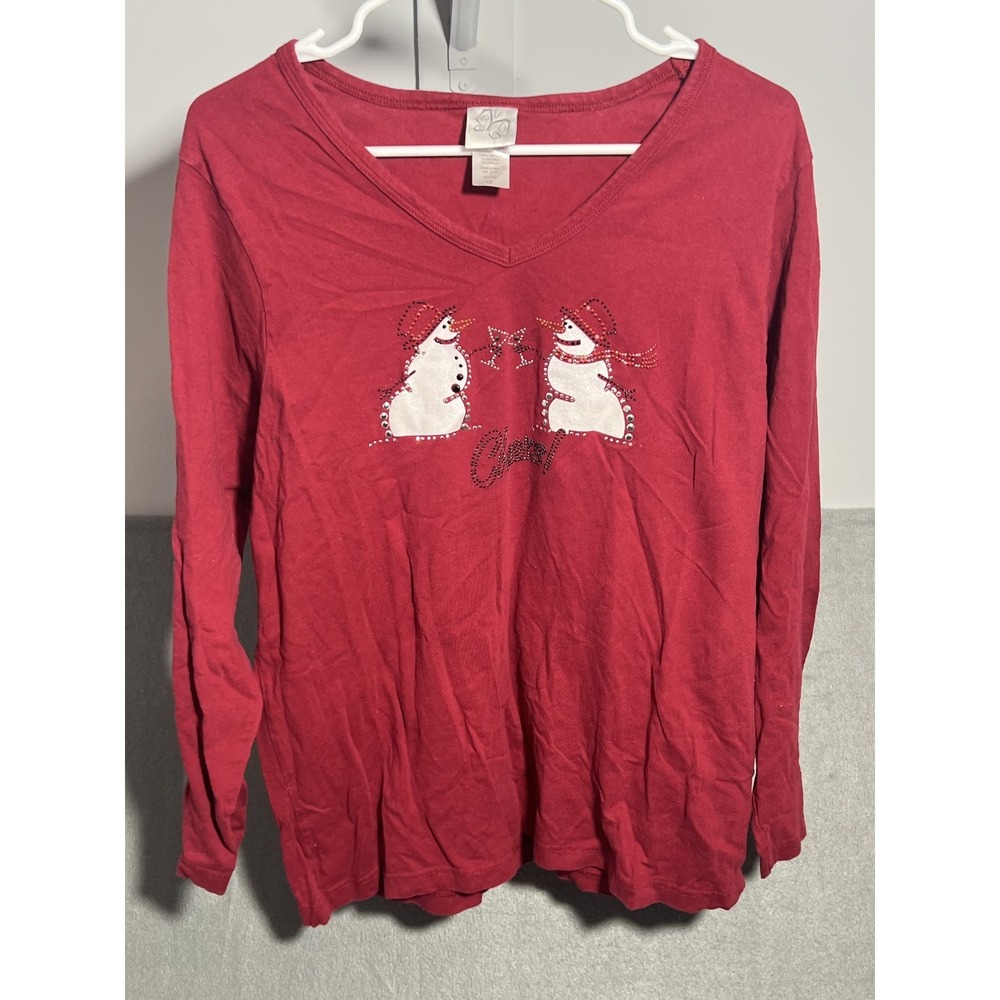 EVE Women's 1X‎ Plus Red Snowman Rhinestone V-Neck Long Sleeve Christmas Top
